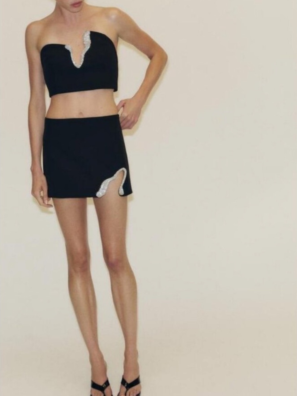 Zara Black Mini Skirt with Jewel-Trim Slit